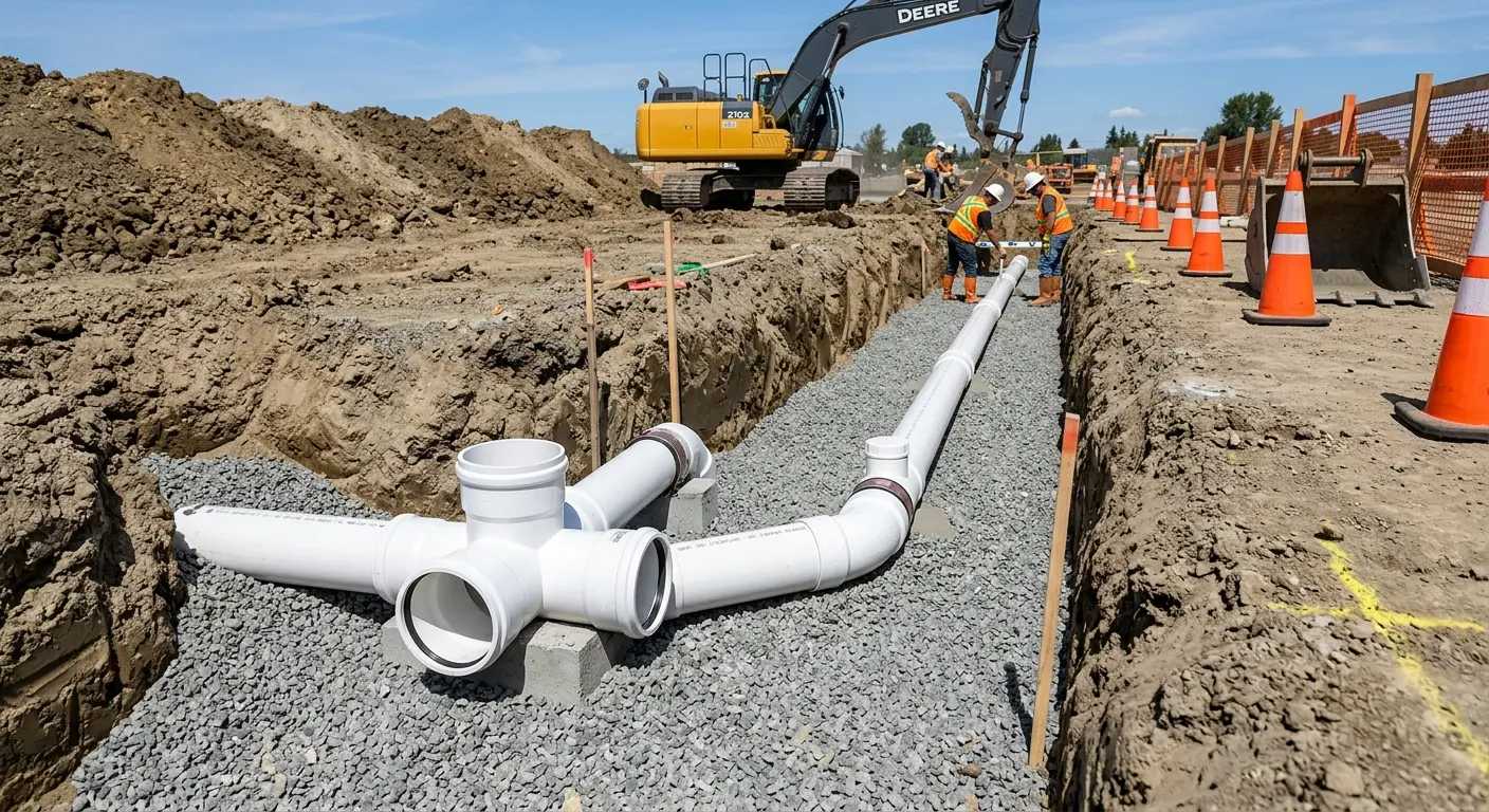 New PVC sewer pipe installation in open trench for Commercial Drain Cleaning in Monett