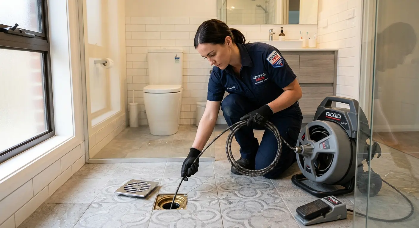 Technician clearing a bathroom floor drain for Hydro Jetting in Monett